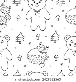 Forest life seamless pattern, black and white print in scandinavian style, wild animals and plants
