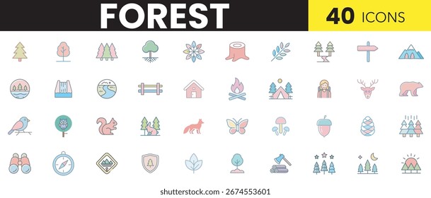 Forest Line Art Icon Set  Minimal Nature, Wildlife Eco Symbols