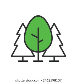 Bosque, en línea de diseño, verde. Bosque, árboles, naturaleza, bosque, ecosistema, follaje, verde sobre fondo blanco Vector. Icono de trazo editable de bosque.