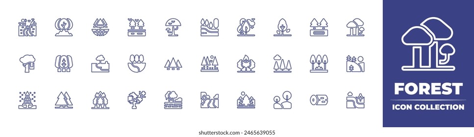 Forest line icon collection. Editable stroke. Vector illustration. Containing christmastree, nature, forestfire, forest, lake, autumn, fire, trees, pine, mushroom, hills, tree, river, path, hole, log.