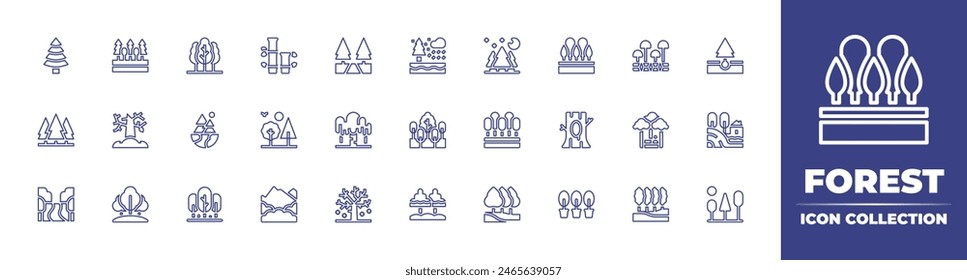 Forest line icon collection. Editable stroke. Vector illustration. Containing trees, forest, tree, reforestation, landscape, path, plantatree, pine, bamboo, mushrooms, mountain, ecosystem, river.