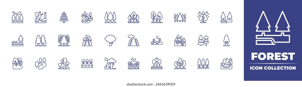 Forest line icon collection. Editable stroke. Vector illustration. Containing pine, river, forest, forestfire, mountain, fir, parking, fire, tree, swamp, lake, trees, road.