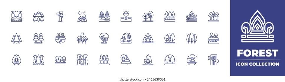 Forest line icon collection. Editable stroke. Vector illustration. Containing forest, forestfire, plantatree, pinetree, field, fire, trees, grove, lake, thunder, tree, wood, landscape, bonsai.