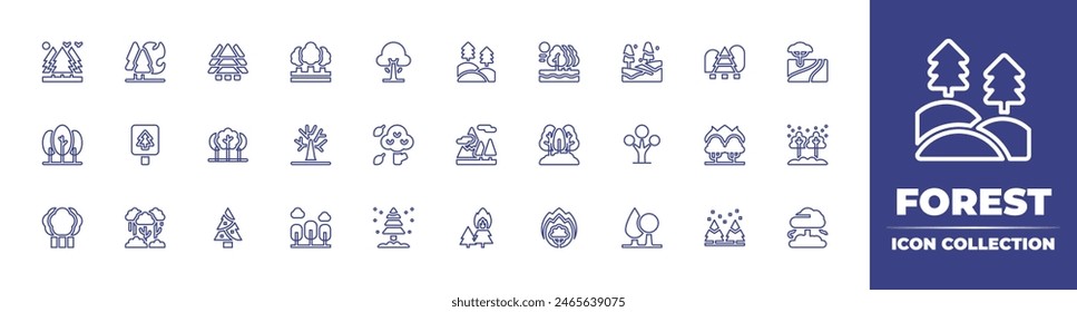 Forest line icon collection. Editable stroke. Vector illustration. Containing forest, wildfire, mountains, forestfire, tree, trees, drytree, pine, river, fir.