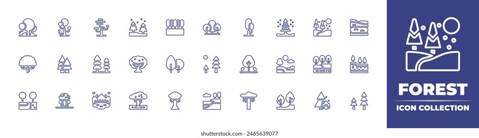 Forest line icon collection. Editable stroke. Vector illustration. Containing tree, trees, snow, wildfire, mushroom, layer, landscape, olivetree, lake, rainforest, pinetree, nature, pathway, pond.
