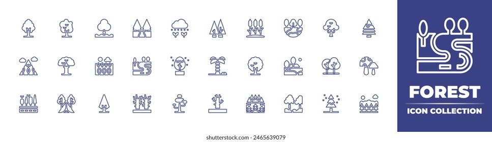 Forest line icon collection. Editable stroke. Vector illustration. Containing tree, swamp, lanscape, tropical, trees, mountain, christmastree, camping, road, pine, drytree, pinetree, palmtree.