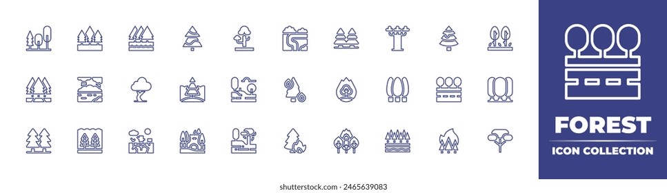 Forest line icon collection. Editable stroke. Vector illustration. Containing forestonfire, river, forestfire, forest, flood, tree, woods, wildfire, fir, road, olive, trees, jungle, pine.