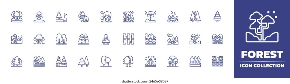 Forest line icon collection. Editable stroke. Vector illustration. Containing forest, spruce, wildfire, rainforest, bamboo, geology, burning, lanscape, trees, pines, lake, cypress, tree, pinetree.