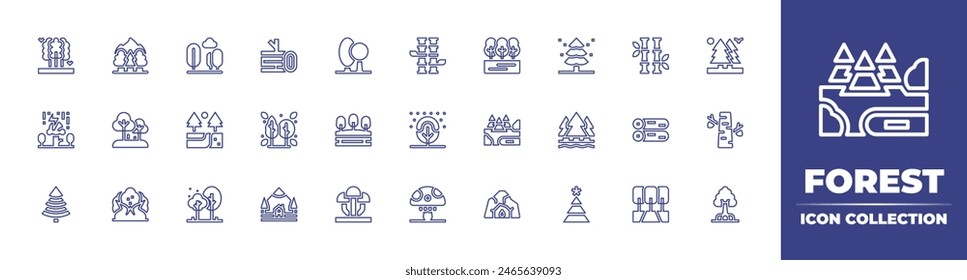 Forest line icon collection. Editable stroke. Vector illustration. Containing forestfire, cave, forest, pineforest, christmastree, tree, fungus, pine, birchtree, lake, thunder, bamboo, mushroom.