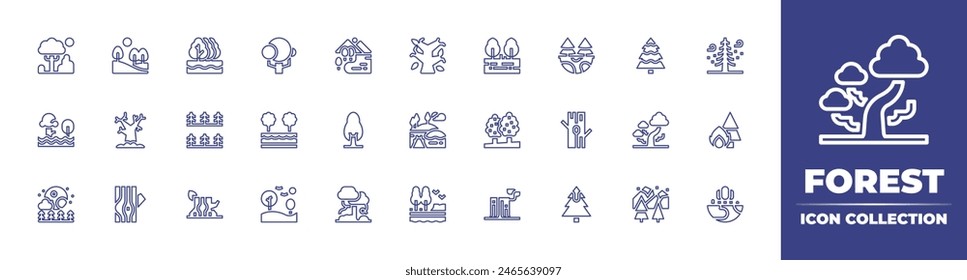 Forest line icon collection. Editable stroke. Vector illustration. Containing tree, lake, trees, flood, mountain, supermoon, grassland, stump, pine, woods, log, wood, ecosystem, ecology, landscape.