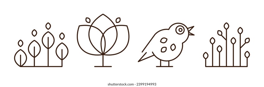 Forest Line Icon and Object as Nature Park Area Vector Set