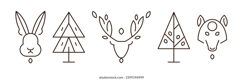 Forest Line Icon and Object as Nature Park Area Vector Set