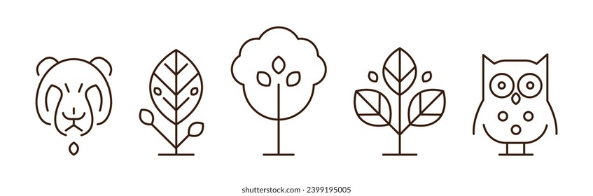 Forest Line Icon and Object as Nature Park Area Vector Set