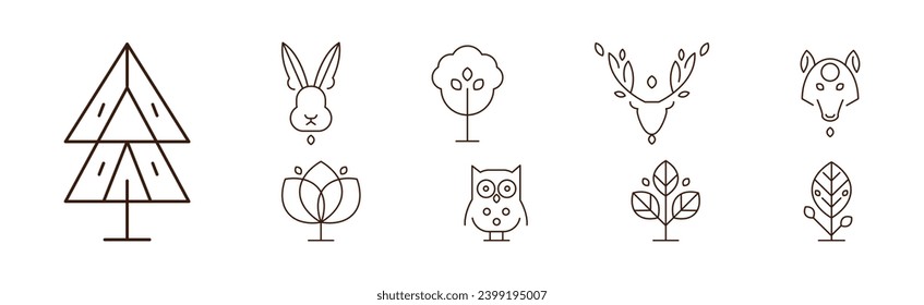 Forest Line Icon and Object as Nature Park Area Vector Set