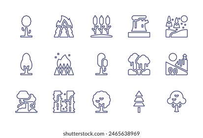 Forest line icon set. Editable stroke. Vector illustration. Containing forest, fire, rainforest, pine, swamp, tree, nature, snow, trunk.