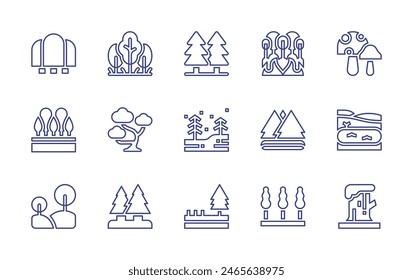 Forest line icon set. Editable stroke. Vector illustration. Containing forest, bonsai, trees, pine, fire, log, tree, mushrooms, vernalpool, pond.