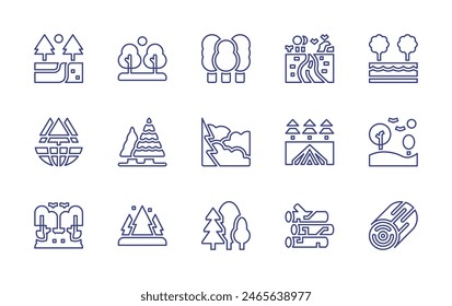 Forest line icon set. Editable stroke. Vector illustration. Containing trees, forest, pineforest, tree, lanscape, firewood, camping, river, wood.