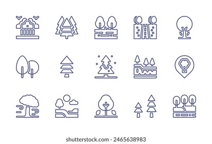 Forest line icon set. Editable stroke. Vector illustration. Containing forest, landscape, trees, tree, nature, pinetree, layer, pine, lake, windy.