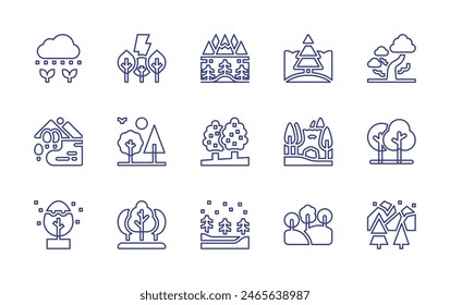 Forest line icon set. Editable stroke. Vector illustration. Containing forest, tree, thunder, lake, mountain, lanscape, tropical, trees, snowy.