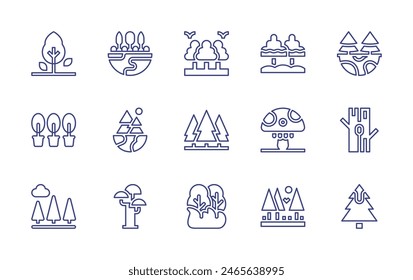 Forest line icon set. Editable stroke. Vector illustration. Containing forest, forestfire, trees, reforestation, autumn, tree, ecology, trunk, mushroom, pine.