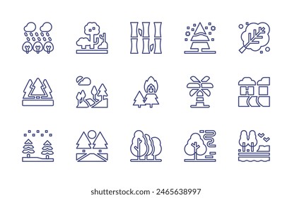 Forest line icon set. Editable stroke. Vector illustration. Containing forest, bamboo, lanscape, road, pinetree, palmtree, landscape, leaf, misty, rain.