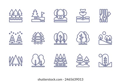 Forest line icon set. Editable stroke. Vector illustration. Containing forest, plantatree, rainforest, trees, lake, pine, tree, grassland, wood.