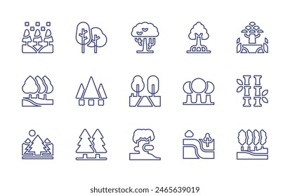 Forest line icon set. Editable stroke. Vector illustration. Containing pine, trees, forest, tree, autumntree, path, bamboo, landscape, rainforest.