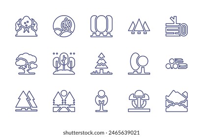 Forest line icon set. Editable stroke. Vector illustration. Containing tree, forest, christmastree, forestfire, pine, fungus, trunk, mountain, wood.