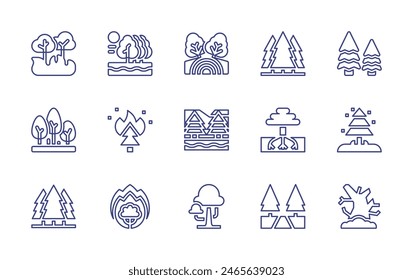 Forest line icon set. Editable stroke. Vector illustration. Containing wildfire, forestfire, forest, pinetree, bogs, tree, path, disaster, pine, deadtree.