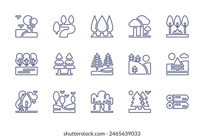 Forest line icon set. Editable stroke. Vector illustration. Containing river, wood, forest, nature, mushroom, hills, pine, tree, landscape, fire, trunks, snowfall.