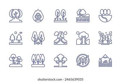 Forest line icon set. Editable stroke. Vector illustration. Containing burningtree, forestfire, landscape, forest, tree, trees, reforestation, river, picocao, cabin.