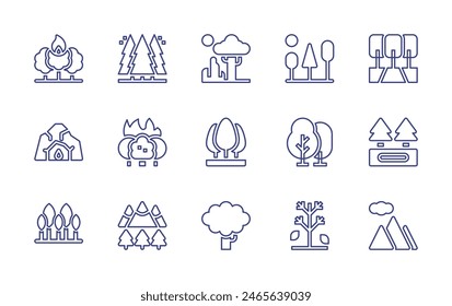 Forest line icon set. Editable stroke. Vector illustration. Containing cave, forestfire, forest, tree, trees, mountains, grove, hole.