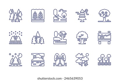 Forest line icon set. Editable stroke. Vector illustration. Containing burning, river, flood, forest, trees, tree, jungle, autumntree, tent, mushrooms, appletree, billboard.