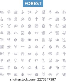 Forest line icons, signs set. Woodland, Trees, Jungle, Grove, Bush, Greenery, Glade, Canopy, Shrubbery outline vector illustrations.