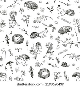 Forest little animals: squirrel, hedgehog, mouse vector line seamless pattern.