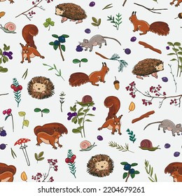 Forest little animals: squirrel, hedgehog, mouse vector seamless pattern.