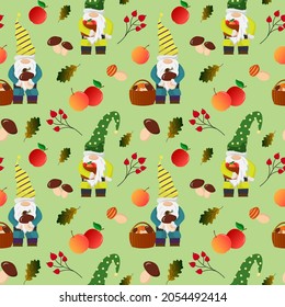 Forest Little Gnomes With Apples And Mushrooms. Seamless Pattern. Vector Illustration. For Use In Prints, Covers And Flyers, Baby Products, Packaging.