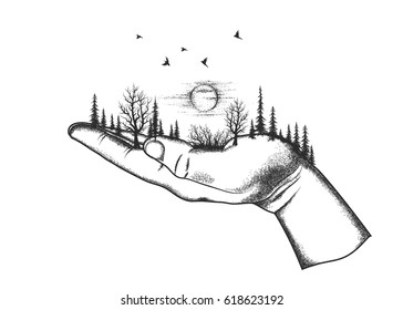 Forest are located on a human hand.Abstract vector illustration.Nature theme