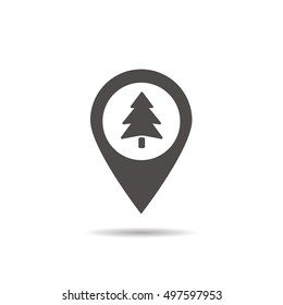 Forest location icon. Drop shadow wood silhouette symbol. Fir tree inside pinpoint. Negative space. Vector isolated illustration
