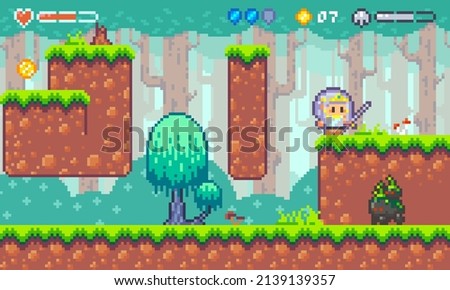 Forest location for a pixel platformer. Mockup includes tileset, seamless parallax background and sprites. The resolution of objects is 16x16 pixels.