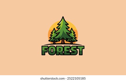 Forest logo design with green trees and sunset backdrop