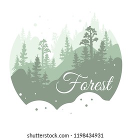 Forest logo design, nature landscape with silhouettes of trees and mountains, natural scene icon in geometric round shaped design, vector illustration 