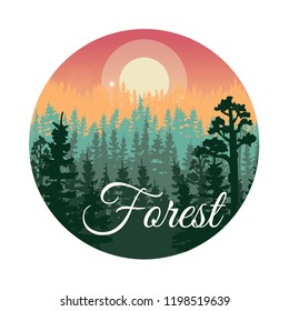 Forest logo design, nature landscape with silhouettes of trees and mountains, natural scene icon in geometric round shaped design, vector illustration 
