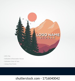 Forest logo design, nature landscape with silhouettes of trees and mountains, natural scene icon in geometric round shaped design, vector illustration, travel badge 