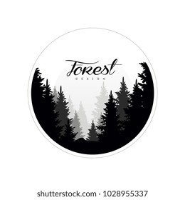 Forest logo design template, beautiful nature landscape with silhouettes of forest coniferous trees in fog, natural scene icon in geometric round shaped design, vector illustration