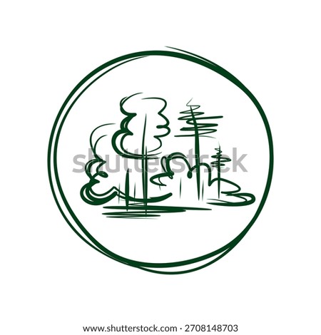 Forest logo. Eco icon, casually hand-drawn. Nature, greenery, trees, and bushes. Ecosystem.