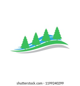 Forest logo. Forest glade with green high spruces isolated on white background, for nature or landscape design.