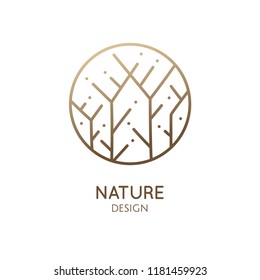 Forest logo template in linear style. Abstract outline round icon of trees, garden. Vector emblem for business design, badge for a cosmetology, farming, ecology concept, spa, health and yoga Center.