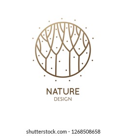 Forest logo template in linear style. Abstract outline round icon of trees, garden. Vector emblem for business design, badge for a cosmetology, farming, ecology concept, spa, health and yoga Center.