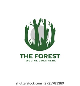 Logotipo del bosque con los árboles y la hierba salvaje en diseño del Vector de la ecología de la Naturaleza del círculo